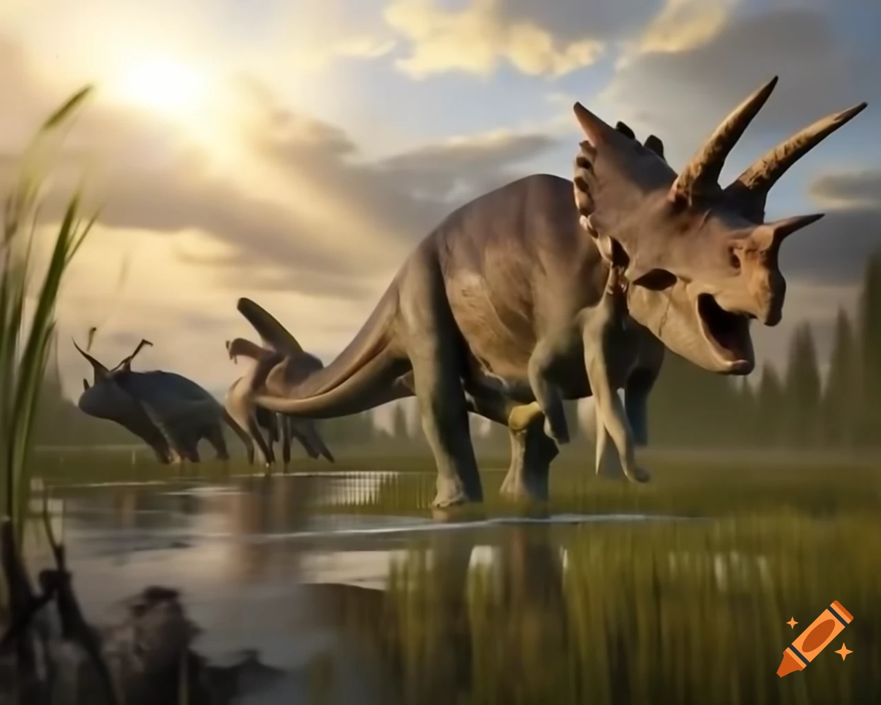 Herd of protoceratops crossing marsh with driftwood in British Columbia during golden hour