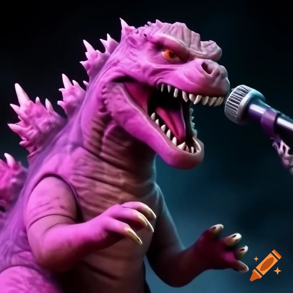 Pink female Godzilla singing into a microphone