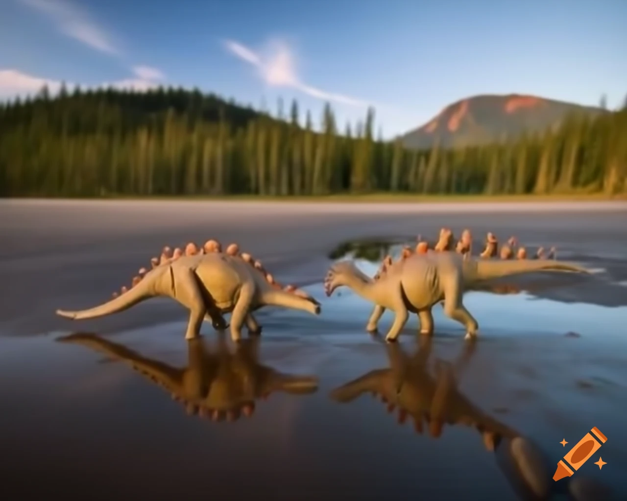 Two Stegosaurus and a Diplodocus in muddy landscape with sand ripples and driftwood