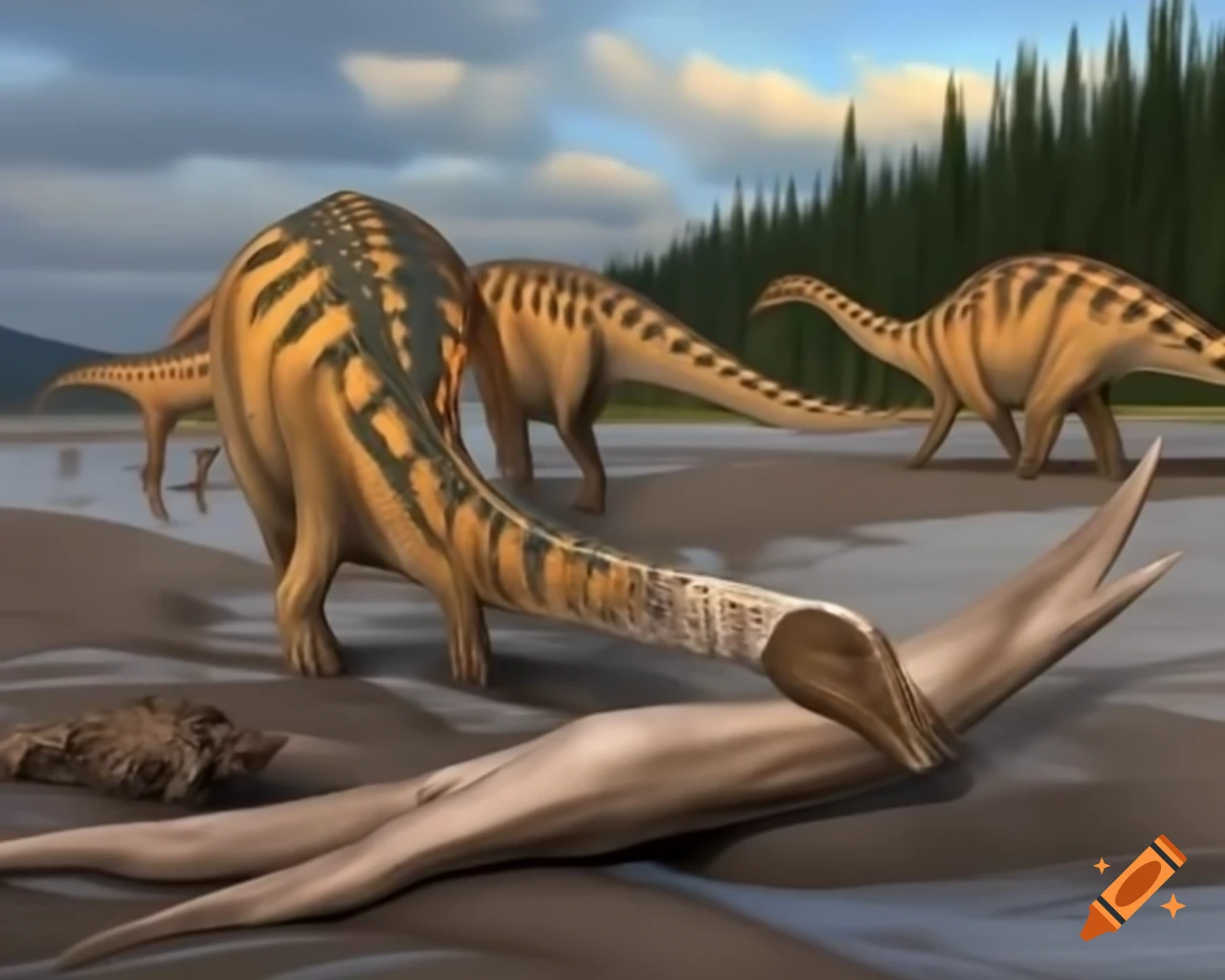 Striped Hadrosaurus roaming a puddly mudflat with driftwood in British Columbia, vivid colors