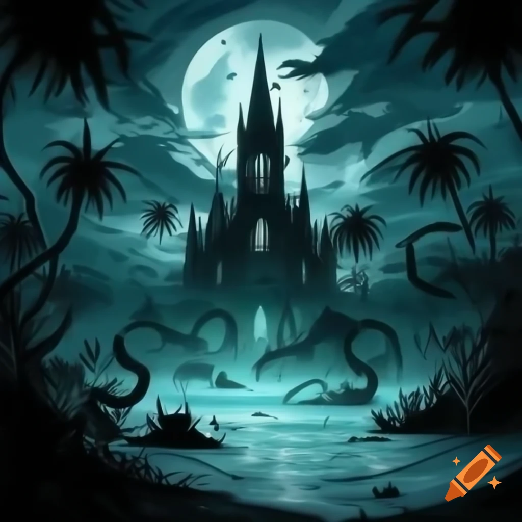 Gothic-inspired ink illustration of a moonlit beach with skeletal palm trees