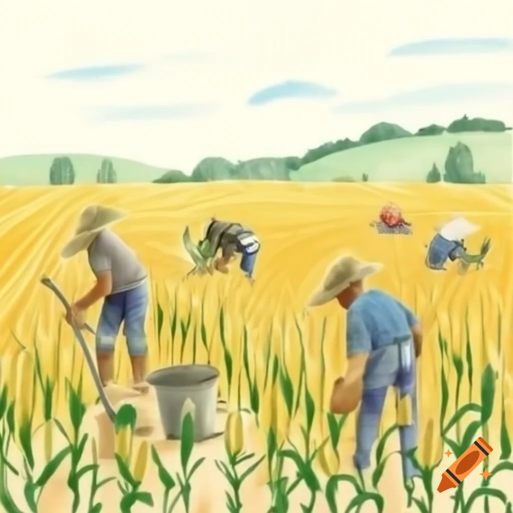 Farmers working in cornfield on hillsides