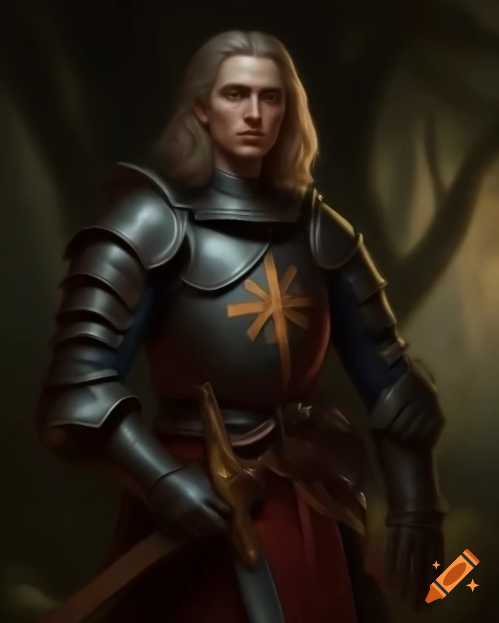 Medieval knight in shining armor standing in dark forest with sword and shield