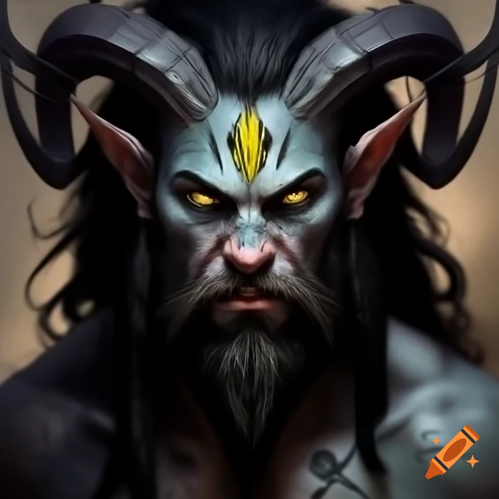 Muscular tiefling barbarian man with yellow cat eyes and curved black horns