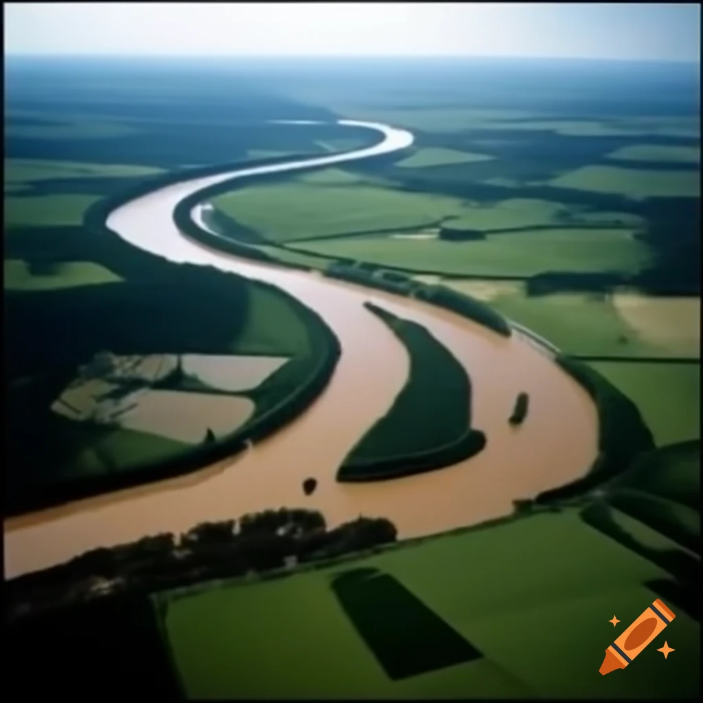 River Rhine in rural landscape with high dikes and flooding due to breach