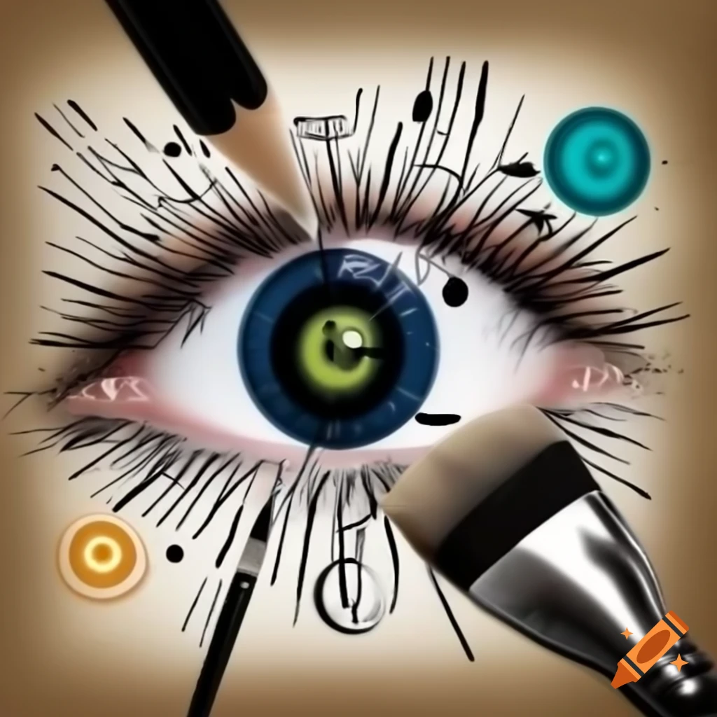 Abstract stylized eye symbolizing creation and innovation with energy bursts