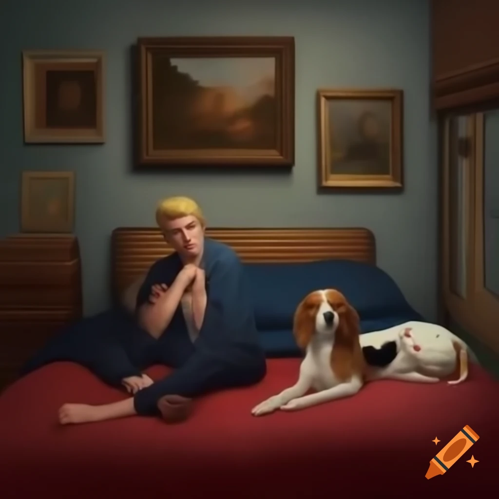 Man with blond hair sitting on bed with beagle and framed art in background