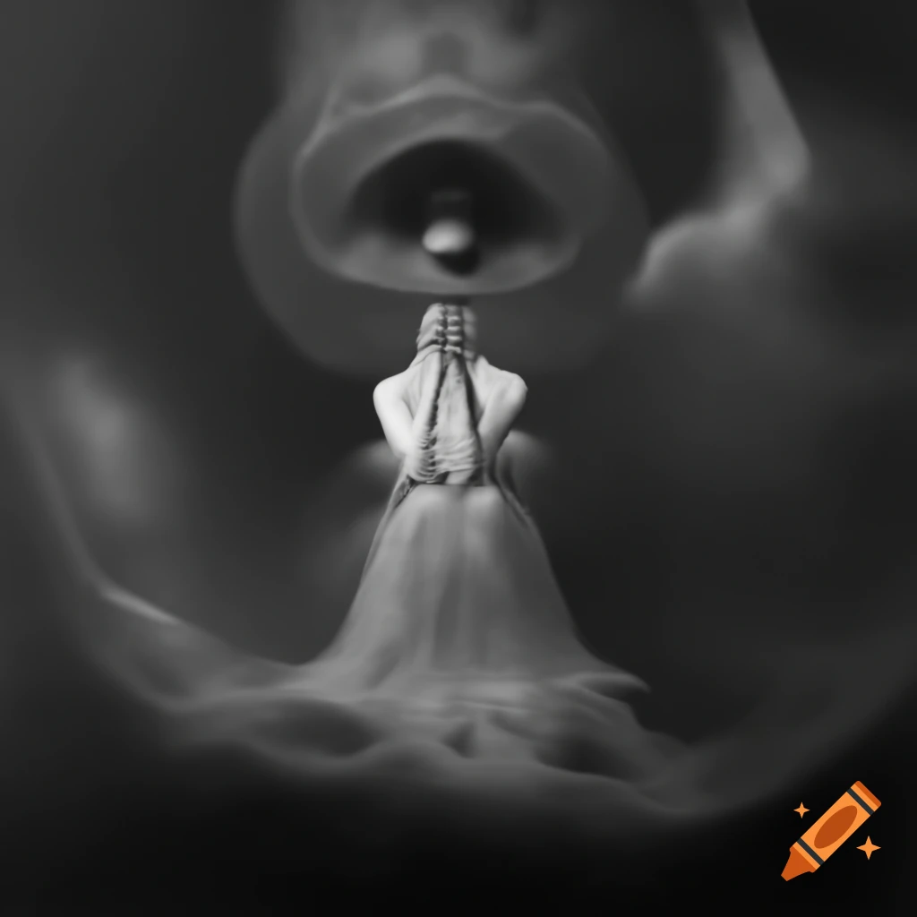 Surrealist monochrome artwork with abstract elements