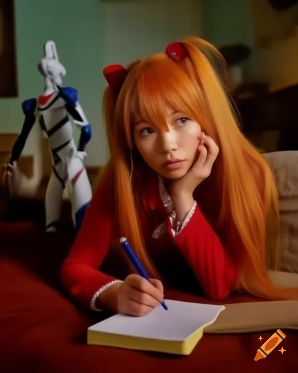 Naive police officer with blushing face taking notes at crime scene in living room