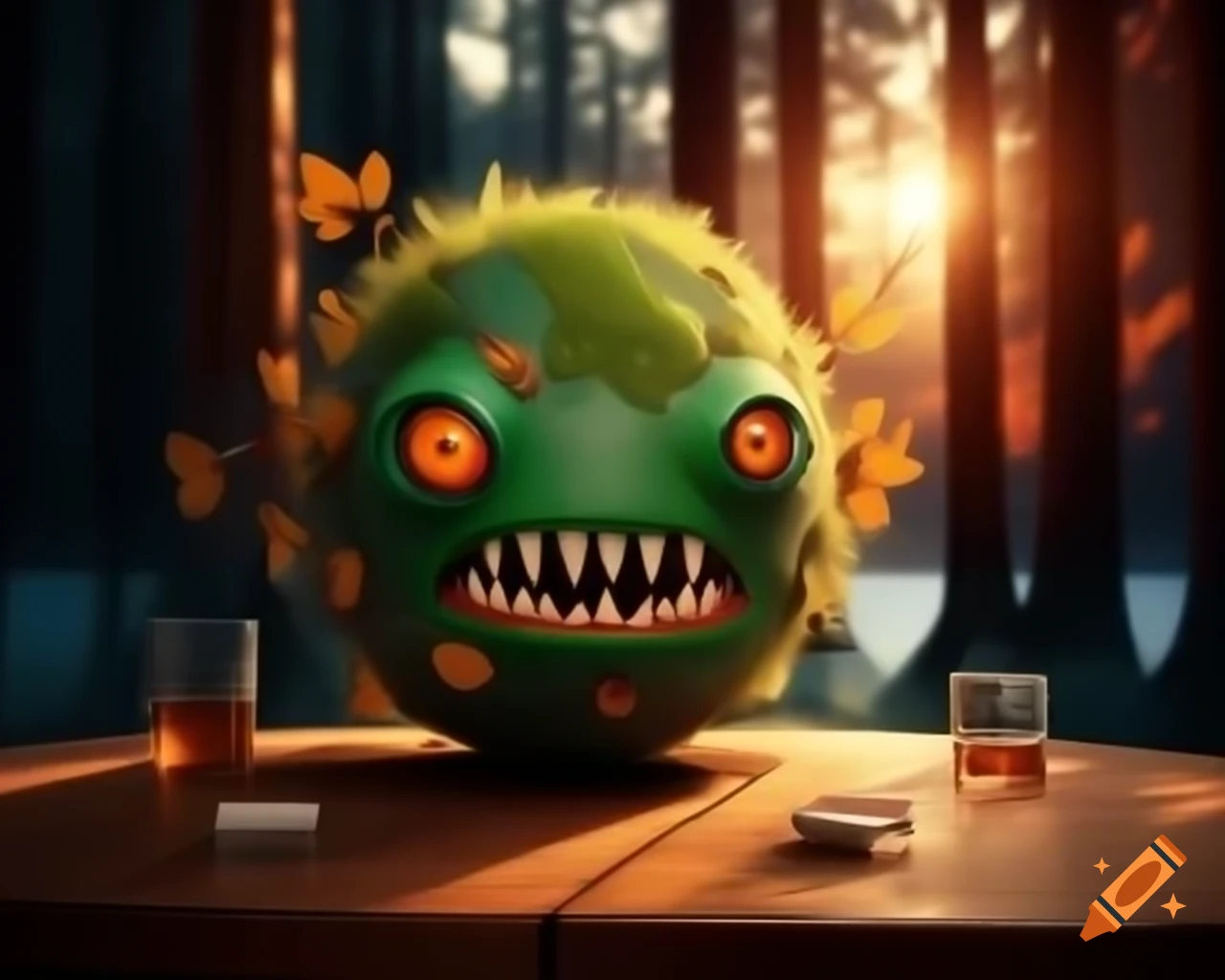Hyper-realistic artwork of an orange tree monster with human face in a forest setting with a lake