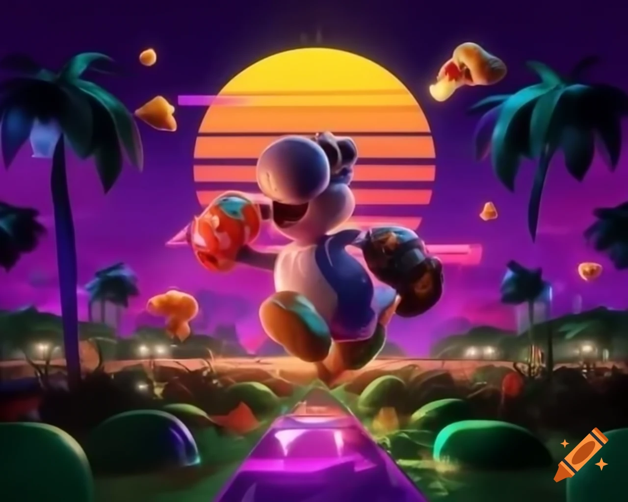 Vibrant vaporwave scene with Yoshi leaping over neon-glowing mushroom