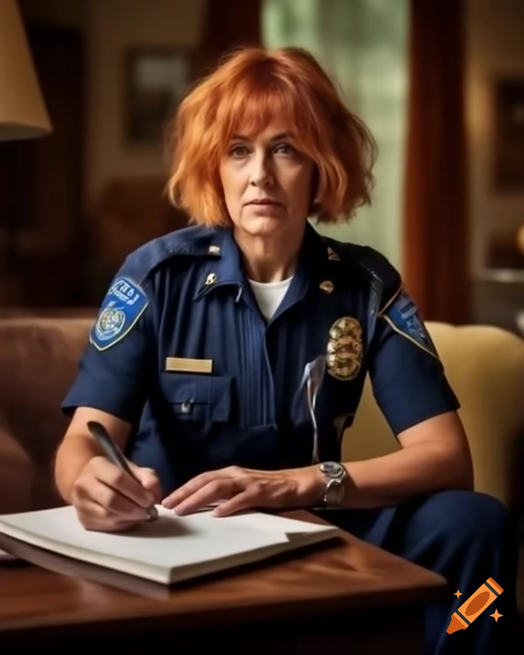 French female police officer taking notes at crime scene in dusty living room