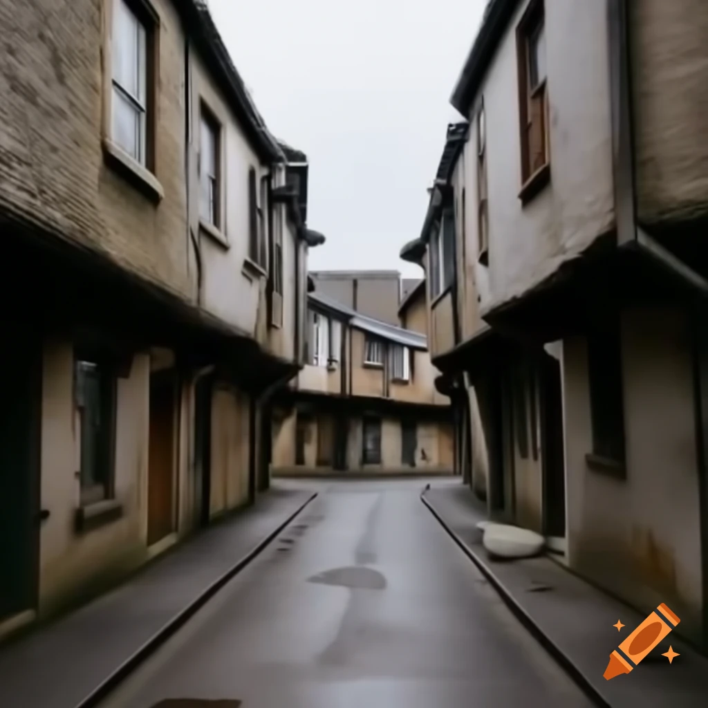 Medieval street featuring weathered terraced houses