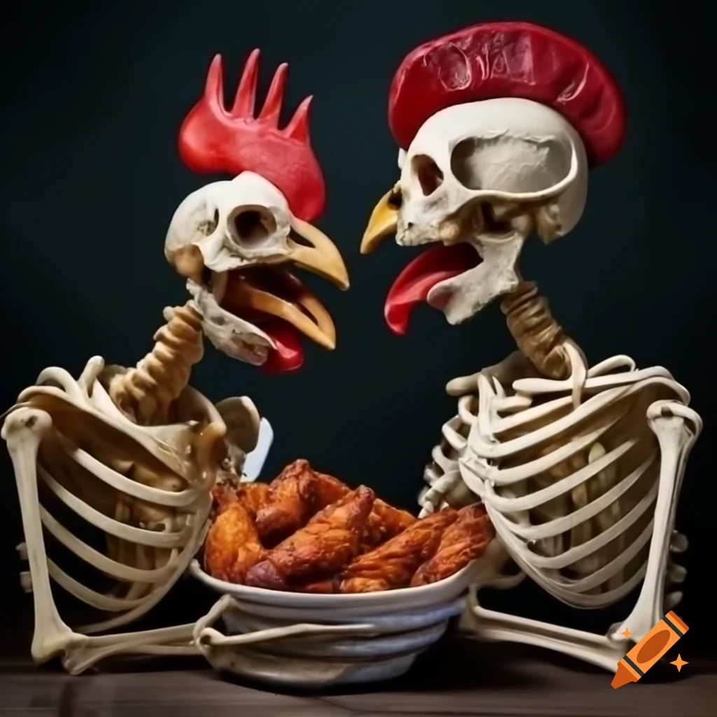 Two skeletons enjoying chicken wings together