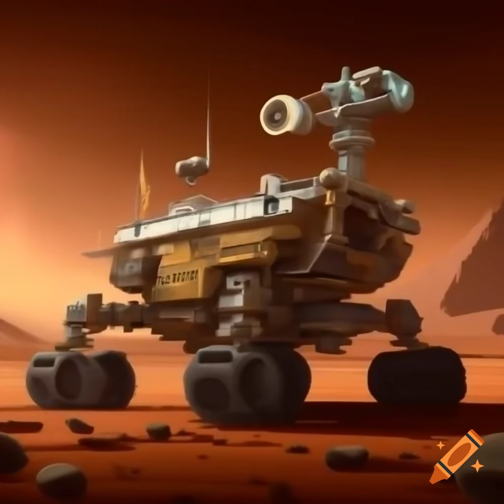 Renaissance-style painting of Mars exploration rover using chiaroscuro and warm colors