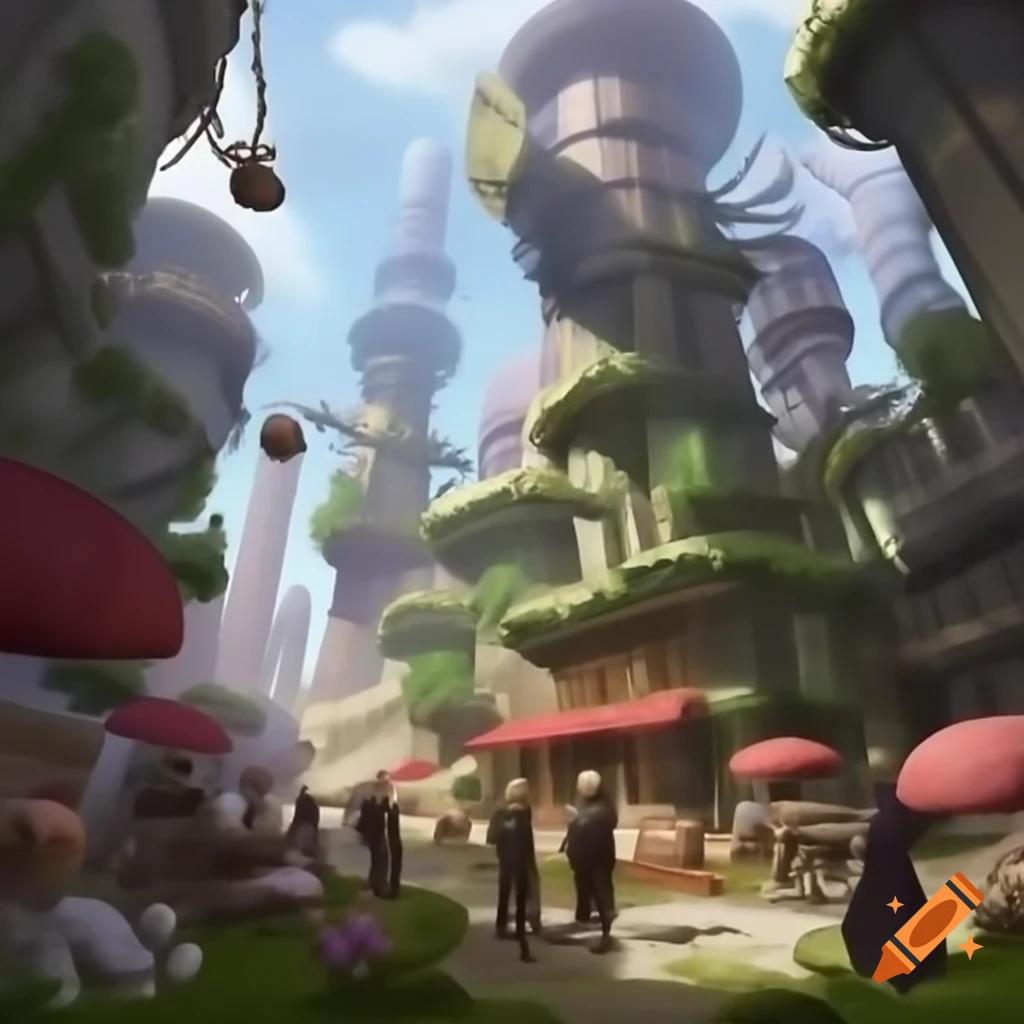 Pastel-colored steampunk cityscape with surreal brass and copper structures