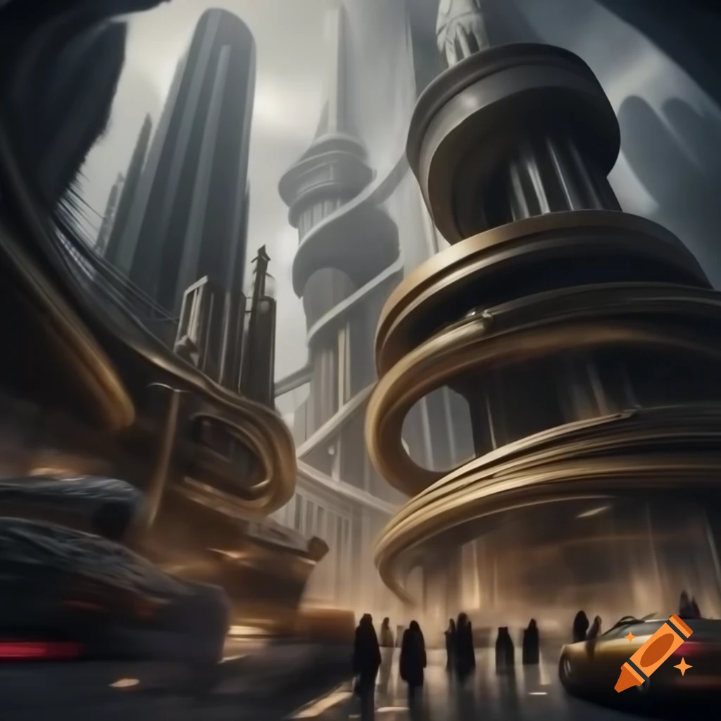Futuristic cityscape with intricate skyscrapers in baroque style