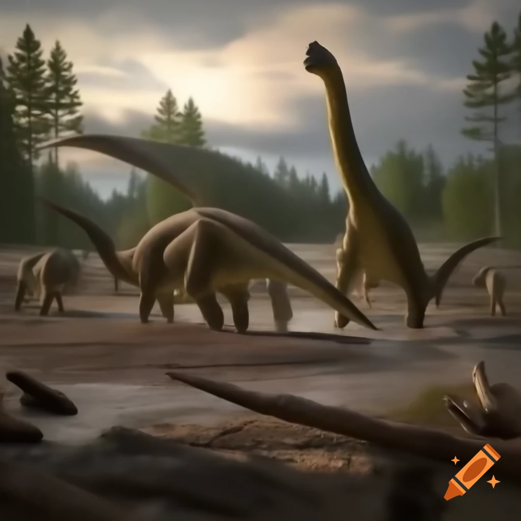 Striped Hadrosaurus roaming mudflat with ferns and driftwood in morning light
