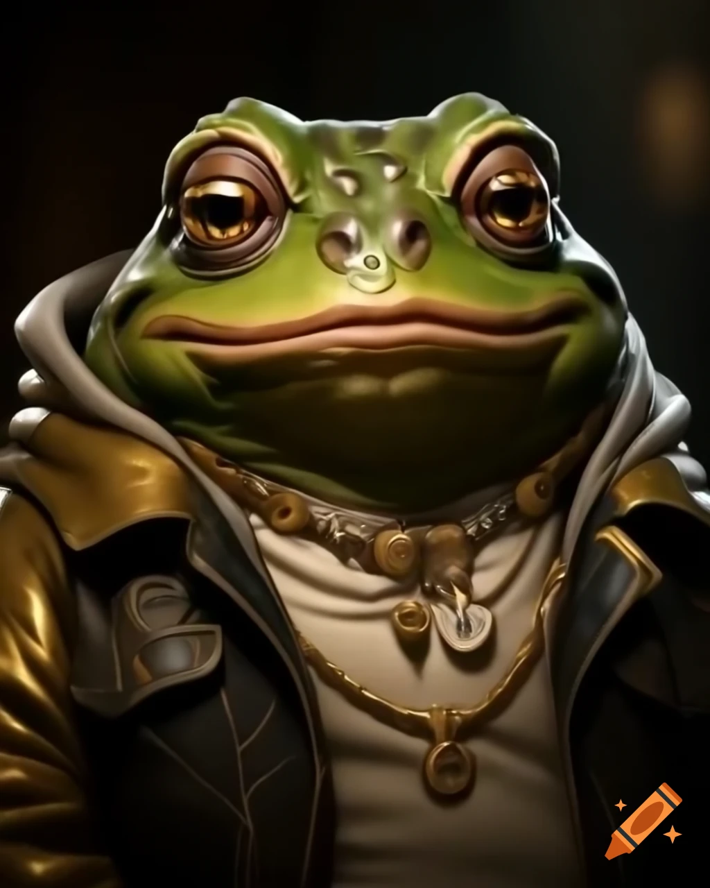 Anthropomorphic frog in gold jacket and necklace with serious expression, hyper-detailed close-up