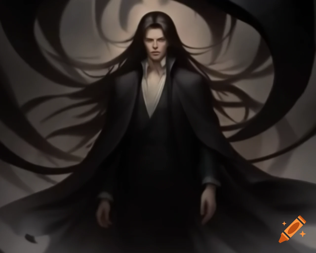 Manga portrait of man in black tailcoat with ethereal clocks in dark void