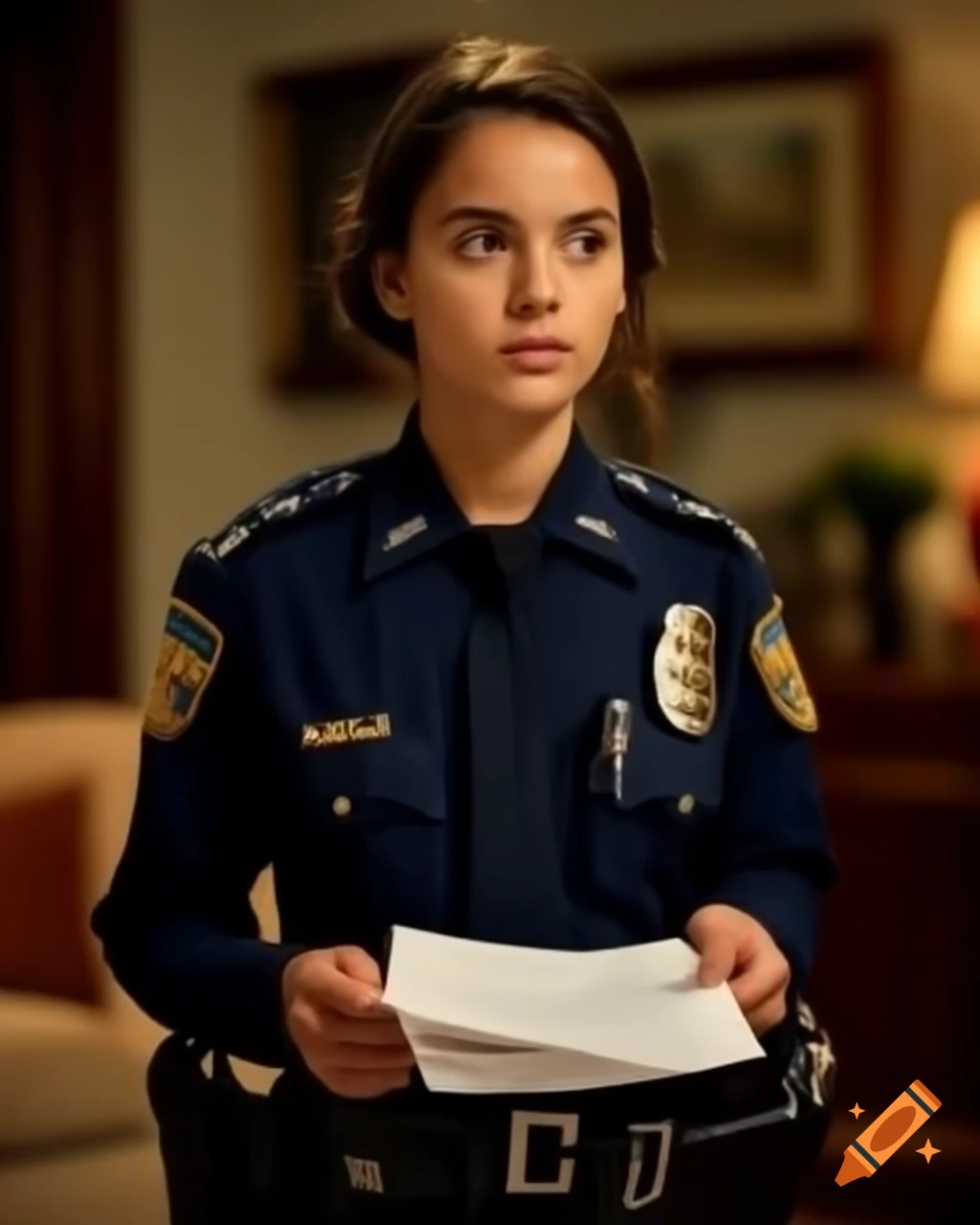 Young French policewoman in uniform taking notes at crime scene in dusty living room