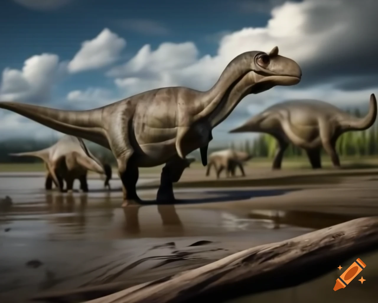 Striped Hadrosaurus roaming mudflat with ferns and driftwood in British Columbia