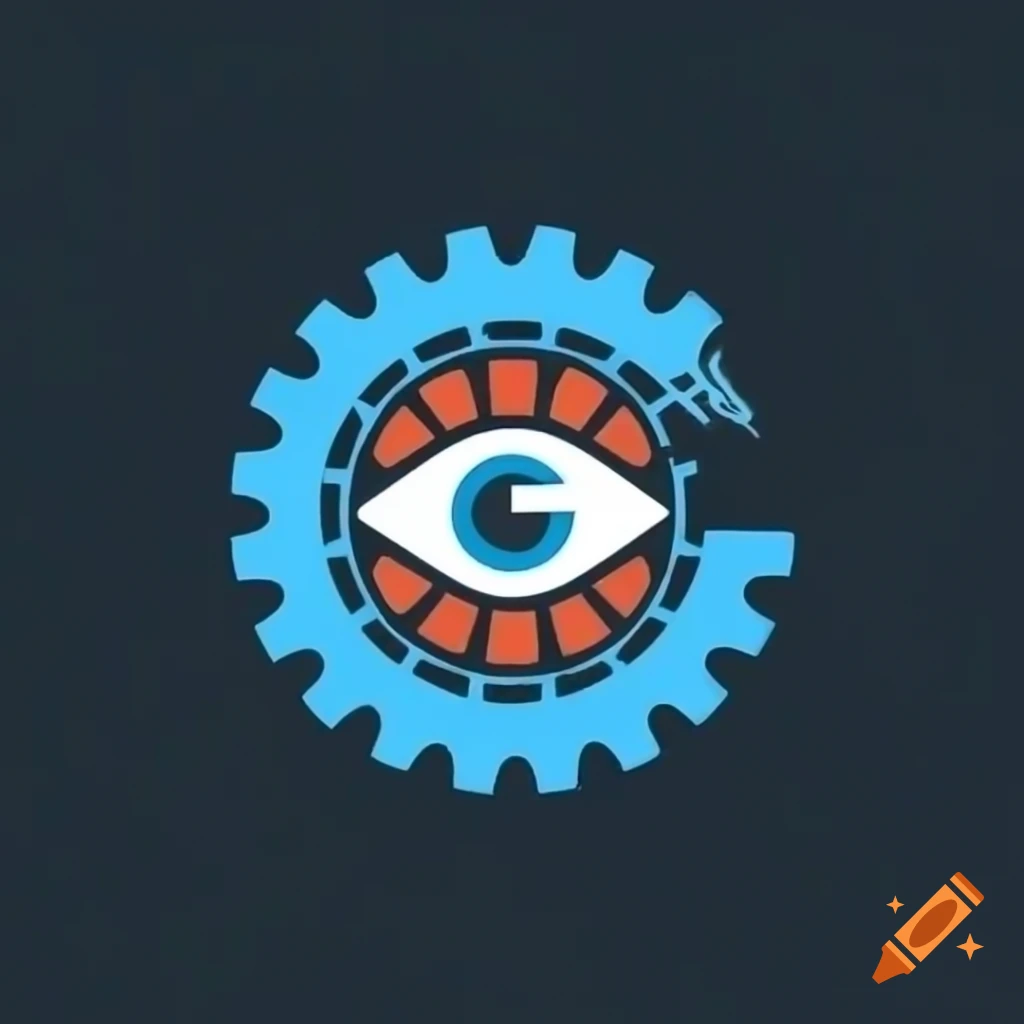 Futuristic web engine logo featuring eye of providence and cogwheels