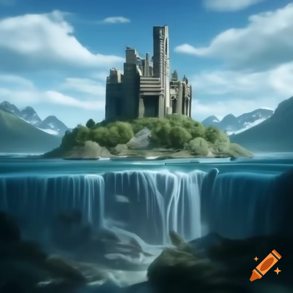 Abandoned castle on island beside waterfall with mountains and sea creatures
