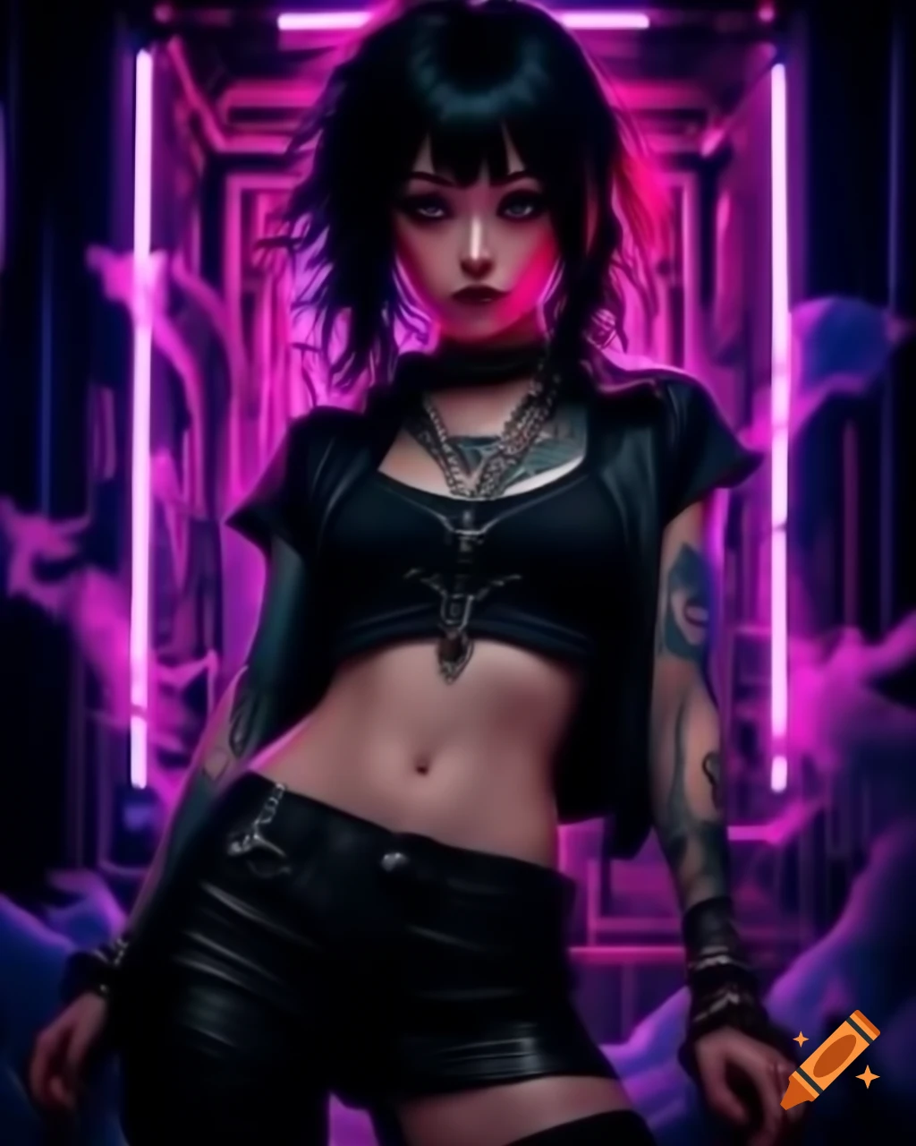 Punk-inspired young woman in dystopic fashion with midriff showing