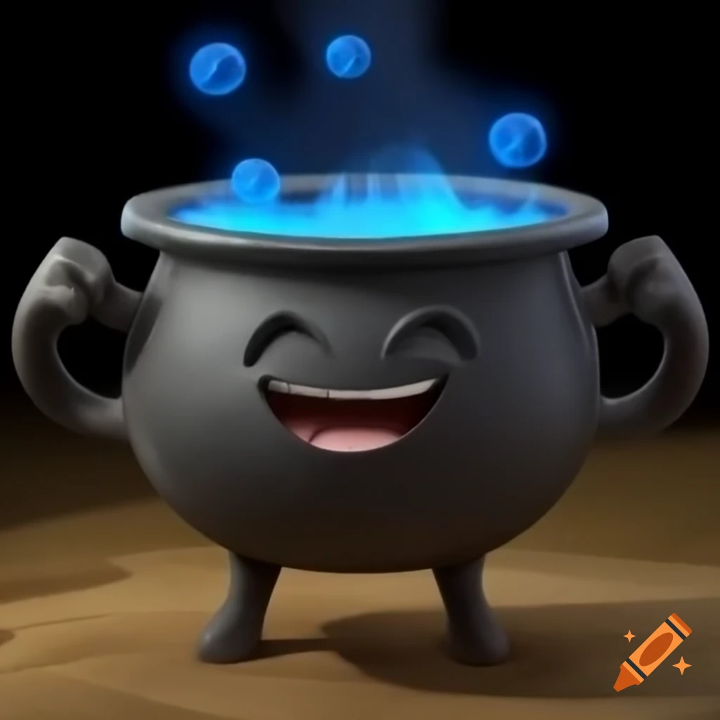 Happy character with arms mixing blue potions in a cauldron
