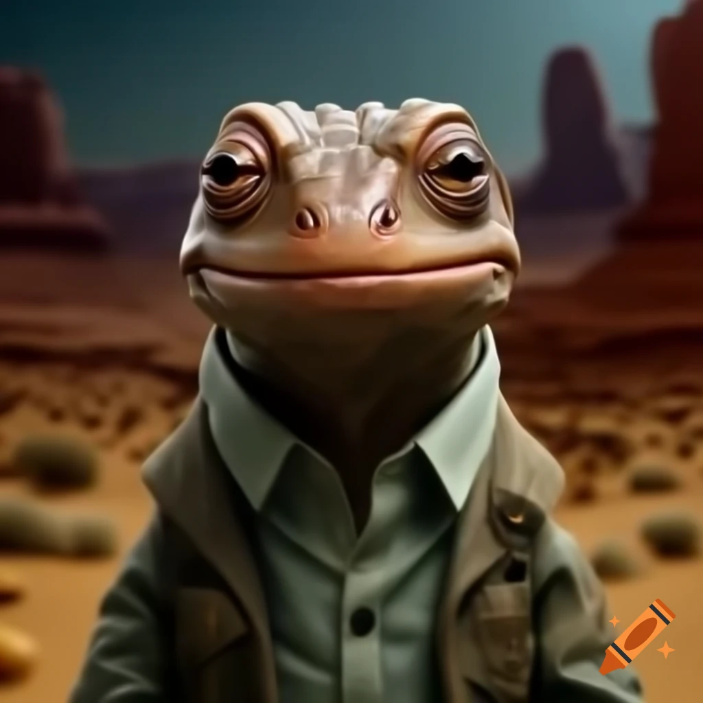 Pensive anthropomorphic newt in a busy desert setting