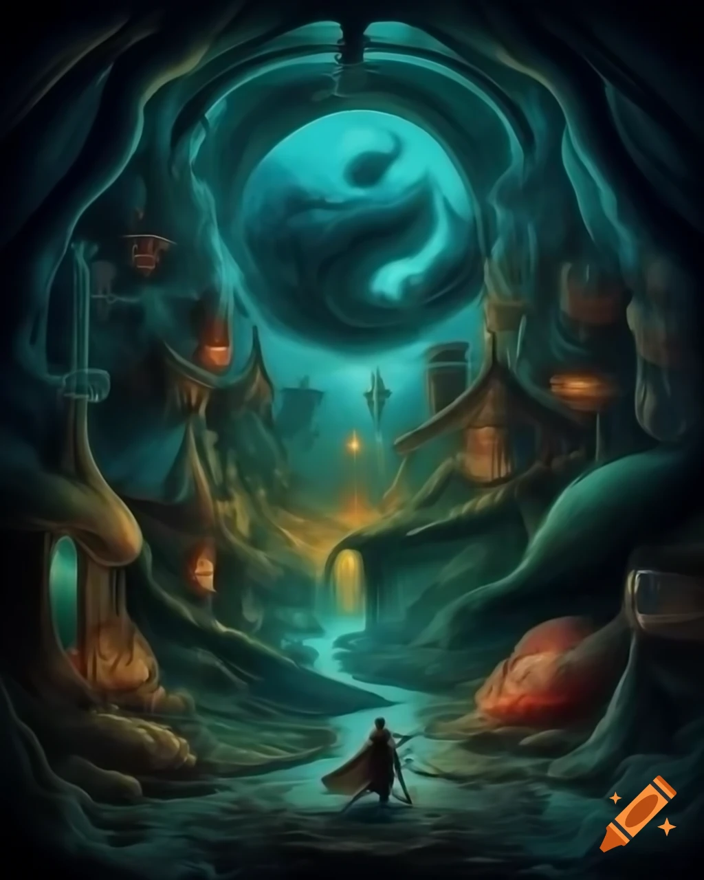 Surreal fantasy illustration in strange style by Greg Rutkowski