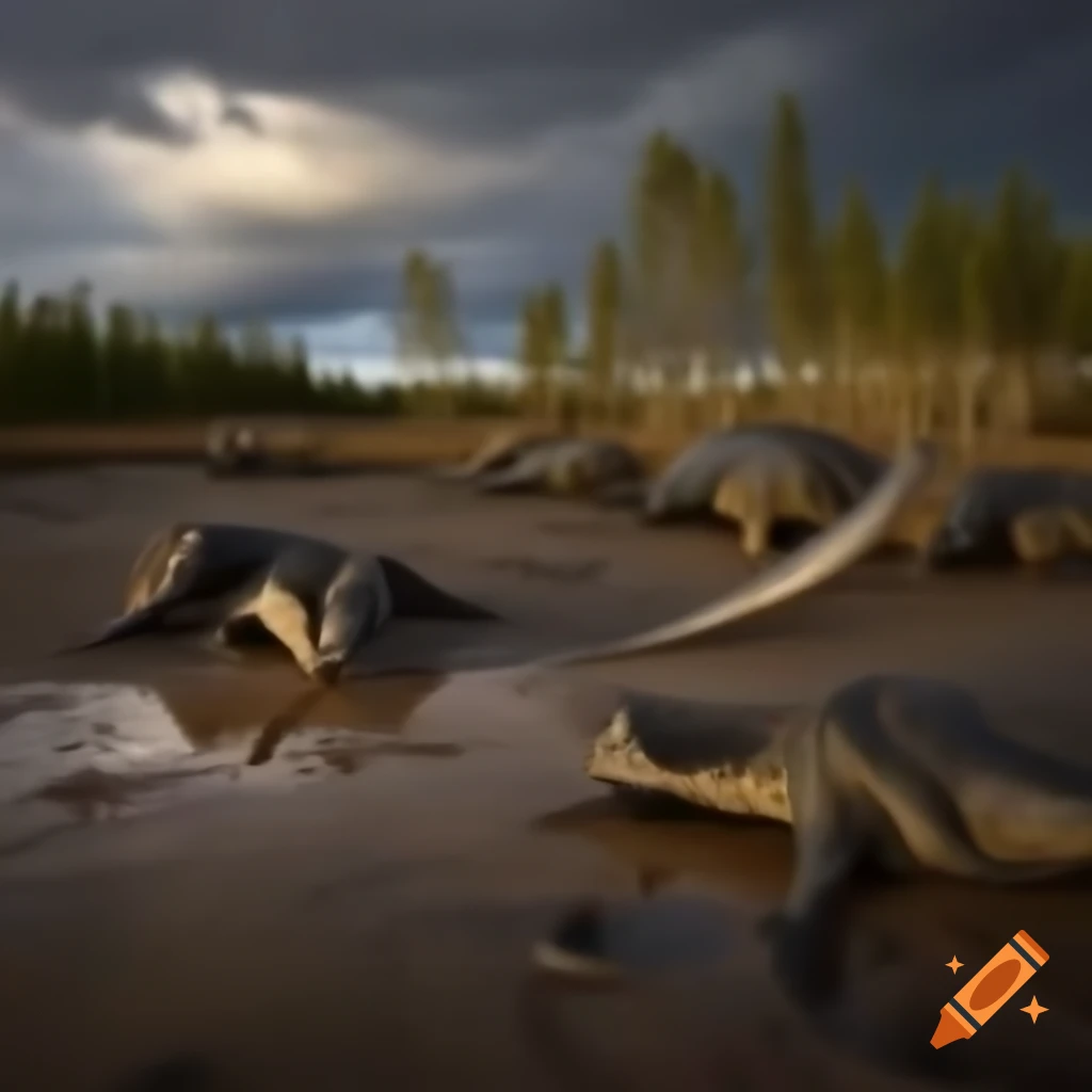 Striped Hadrosaurus in mudflat with ferns and driftwood in British Columbia