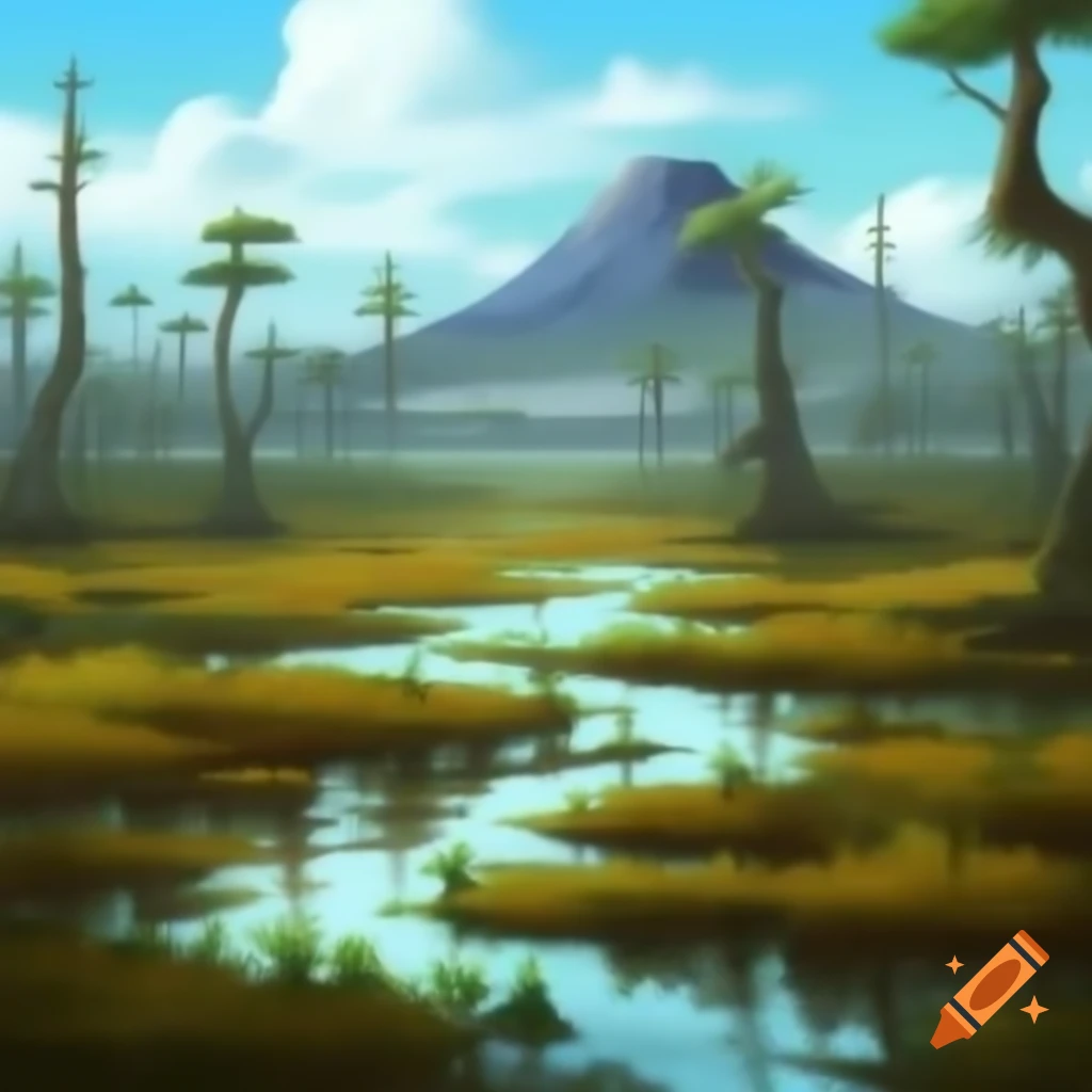 Varied landscape painting featuring swamp, plains, forest, and volcano