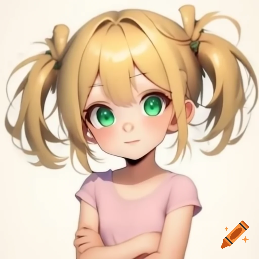 Anime girl with blonde hair and emerald green eyes in a pink sleeveless t-shirt