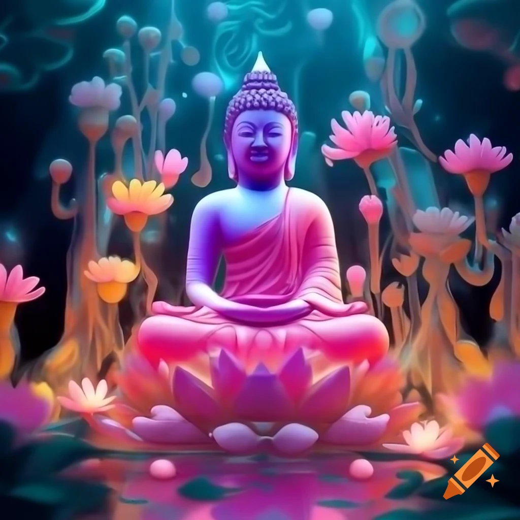 Surreal digital illustration of glass Buddha surrounded by pastel flowers and sculptures