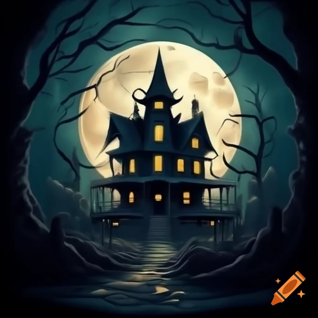 Haunted house illuminated by full moon