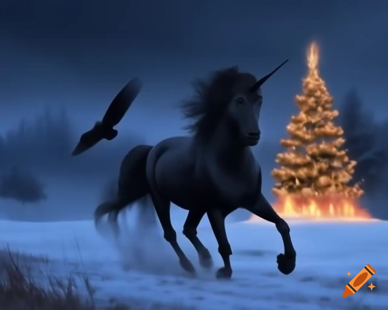 Black unicorn charging in snowy field with fire from hooves and Christmas tree, wise raven flying