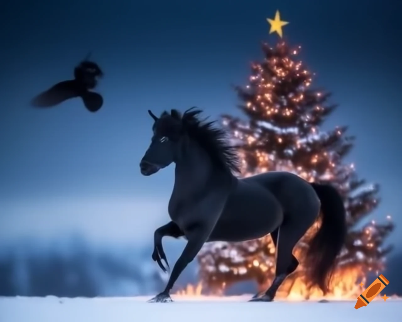 Black unicorn charging across snowy field with fire at hooves and decorated Christmas tree in background