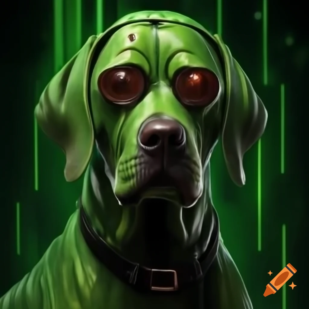 Realistic caricature of a dog in Neo from the Matrix style