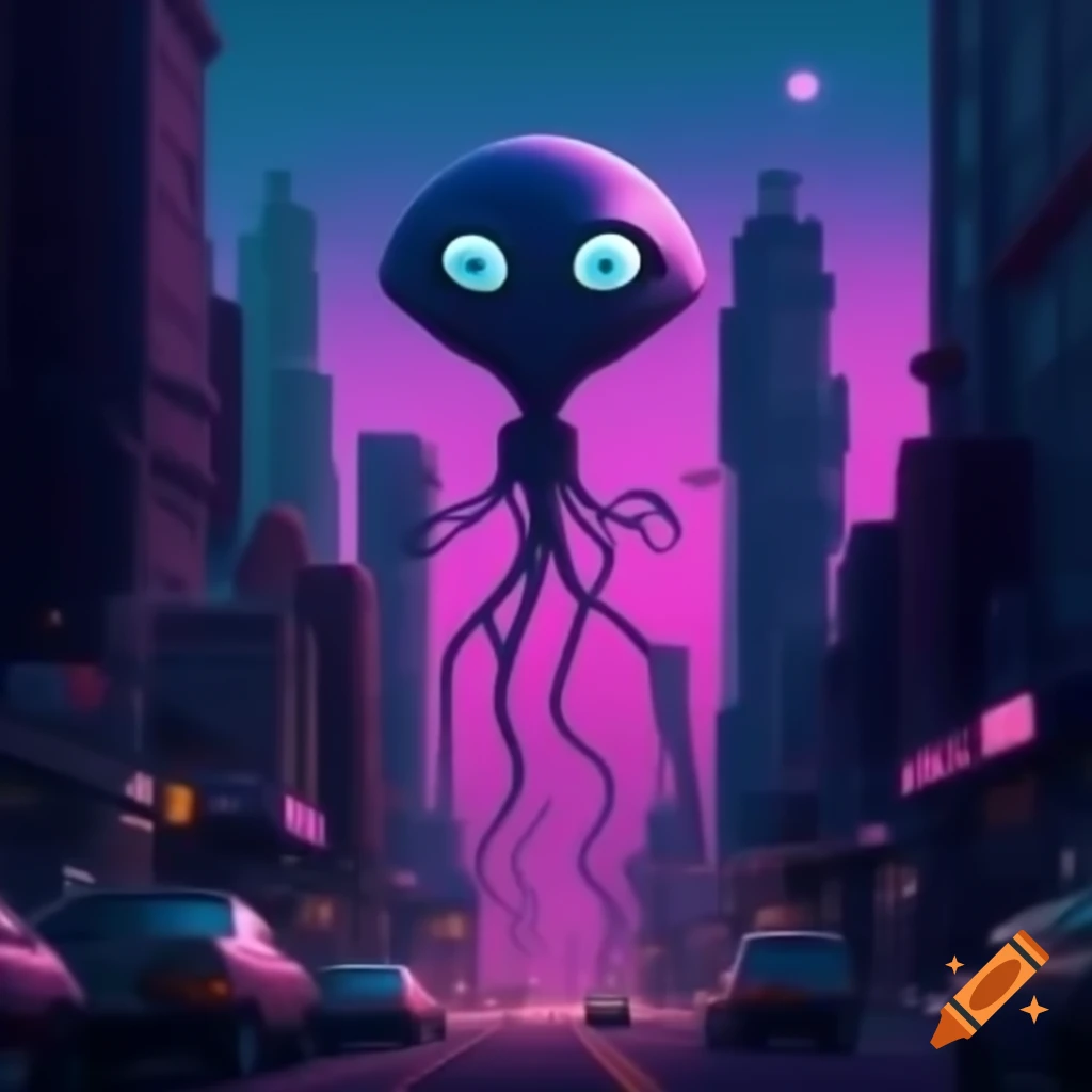 Alien city street scene with violet sky
