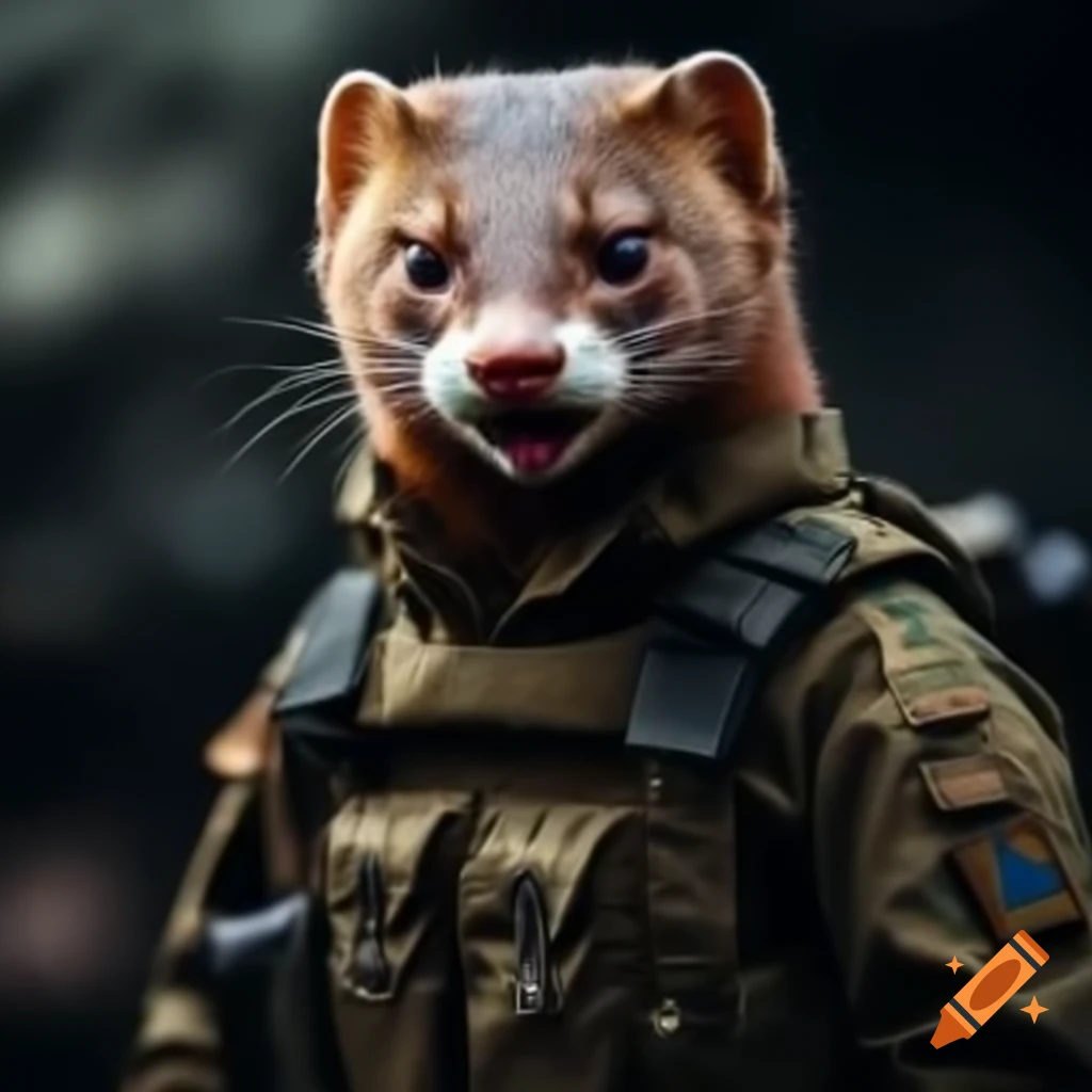 European weasel wearing Ukrainian tactical military uniform with an angry expression