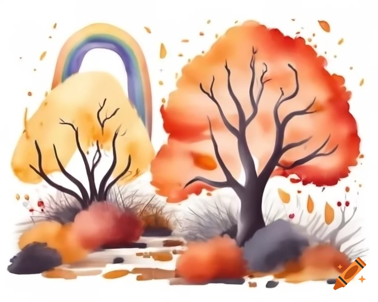 Watercolor autumn bush in rainbow shades, storybook style