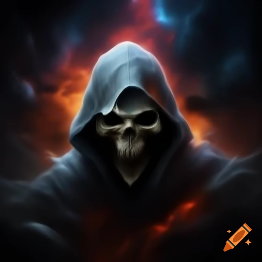 Nebula with themes of death and the grim reaper, featuring a human skull