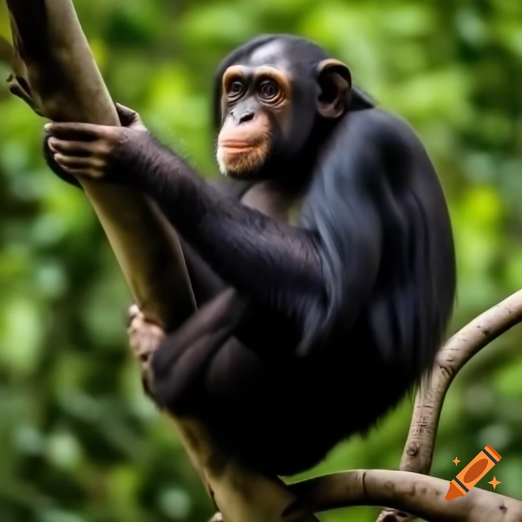 Bonobo on tree observing surroundings, hand above eyes