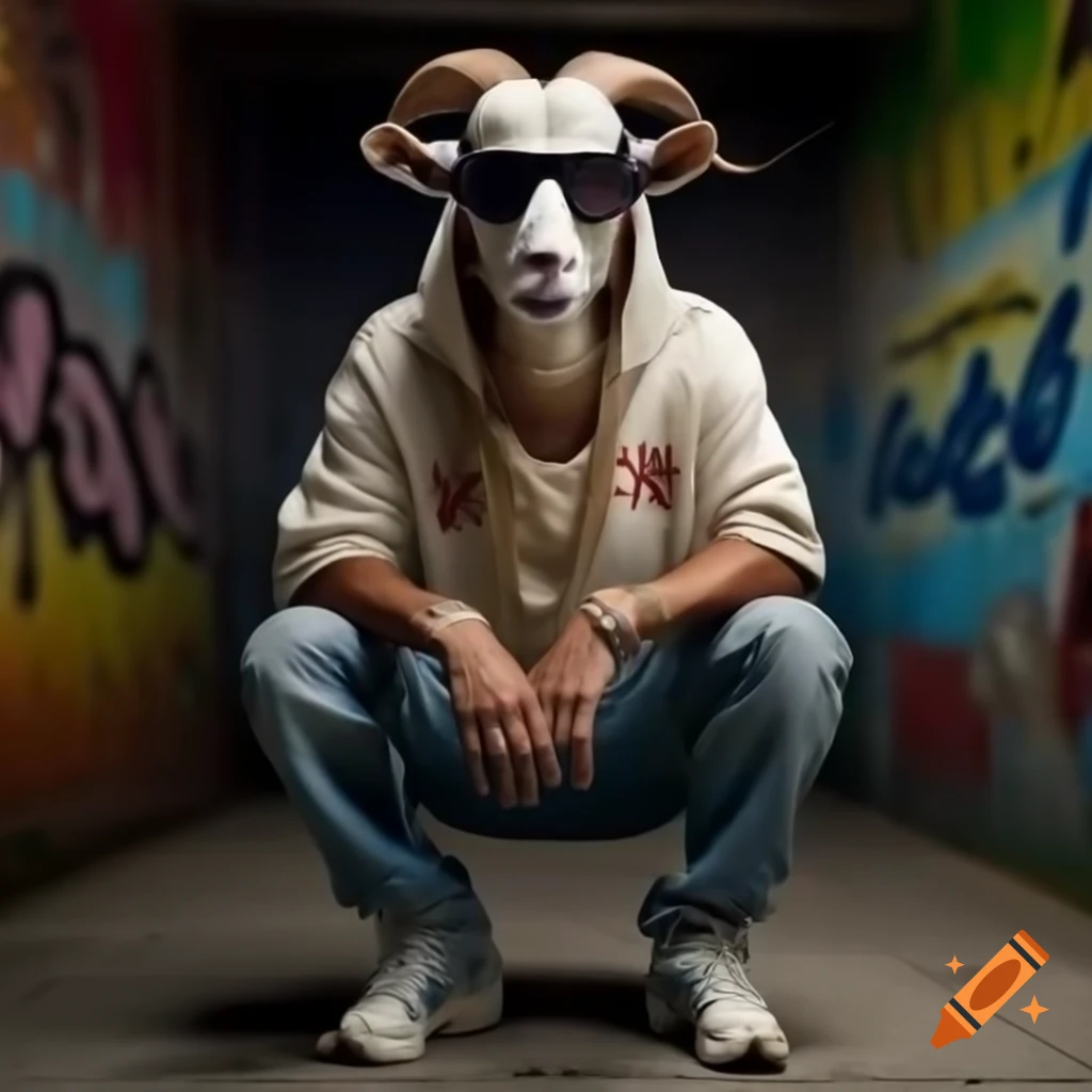 Stylish goat with human body dressed as hip-hop singer