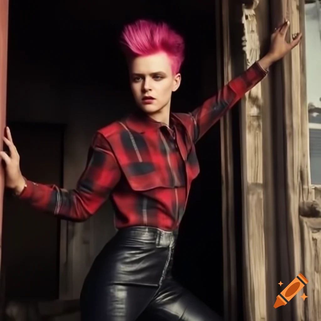 Punk-rocker with mohawk hairstyle and plaid shirt peeking through derelict building
