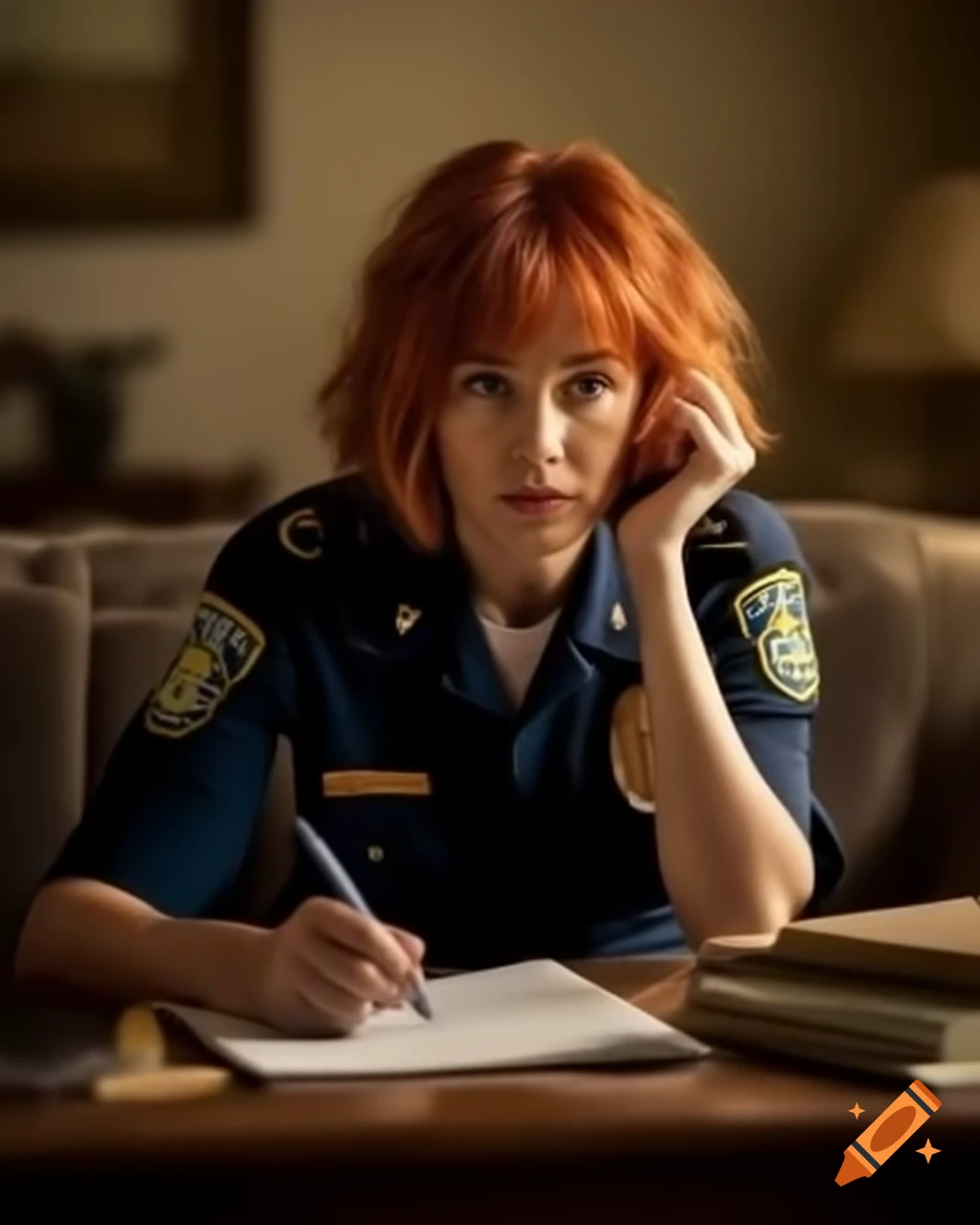 French female police officer taking notes at a crime scene in dusty living room, hyper-realistic detail