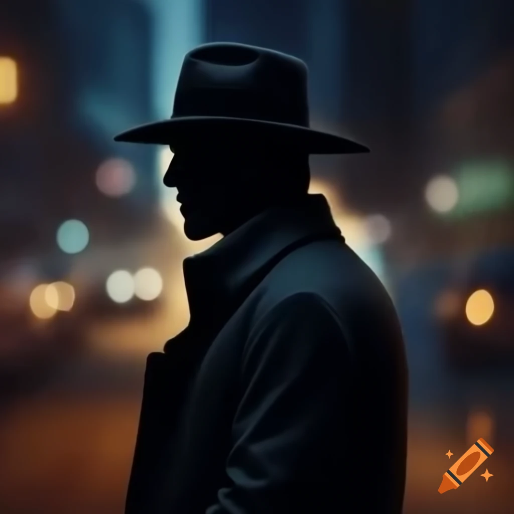 Silhouette of man in fedora and trenchcoat on city street at night
