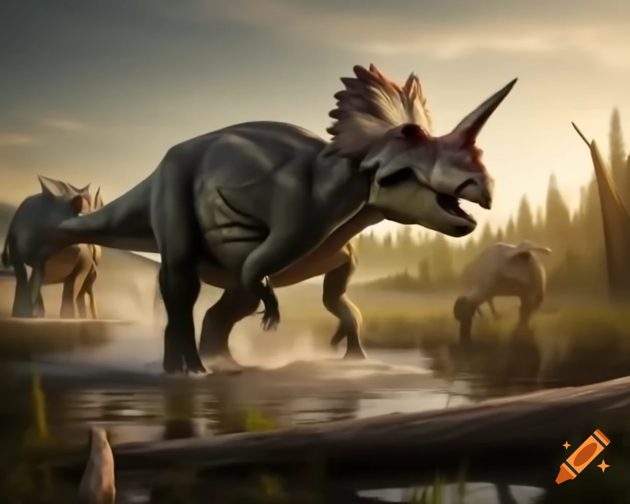 Herd of protoceratops crossing marsh with driftwood in British Columbia during golden hour